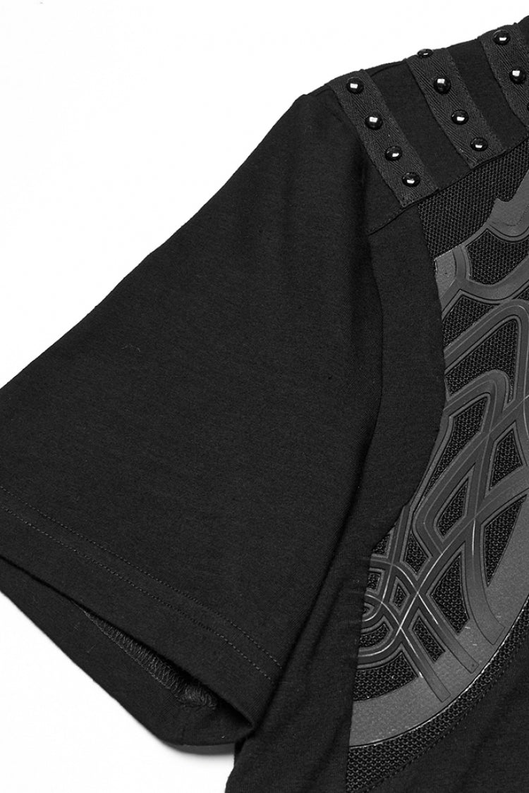 Black Round Collar Short Sleeves Studded Buckle Strap Punk T-shirt