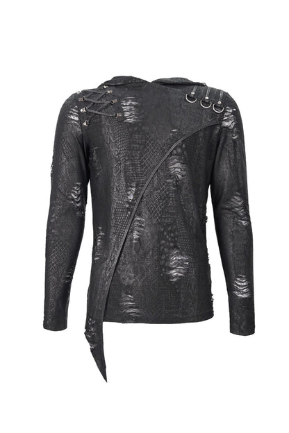 Black Broken Holes Knit Shoulder Lace-up Irregular Hem Hooded Punk T-shirt