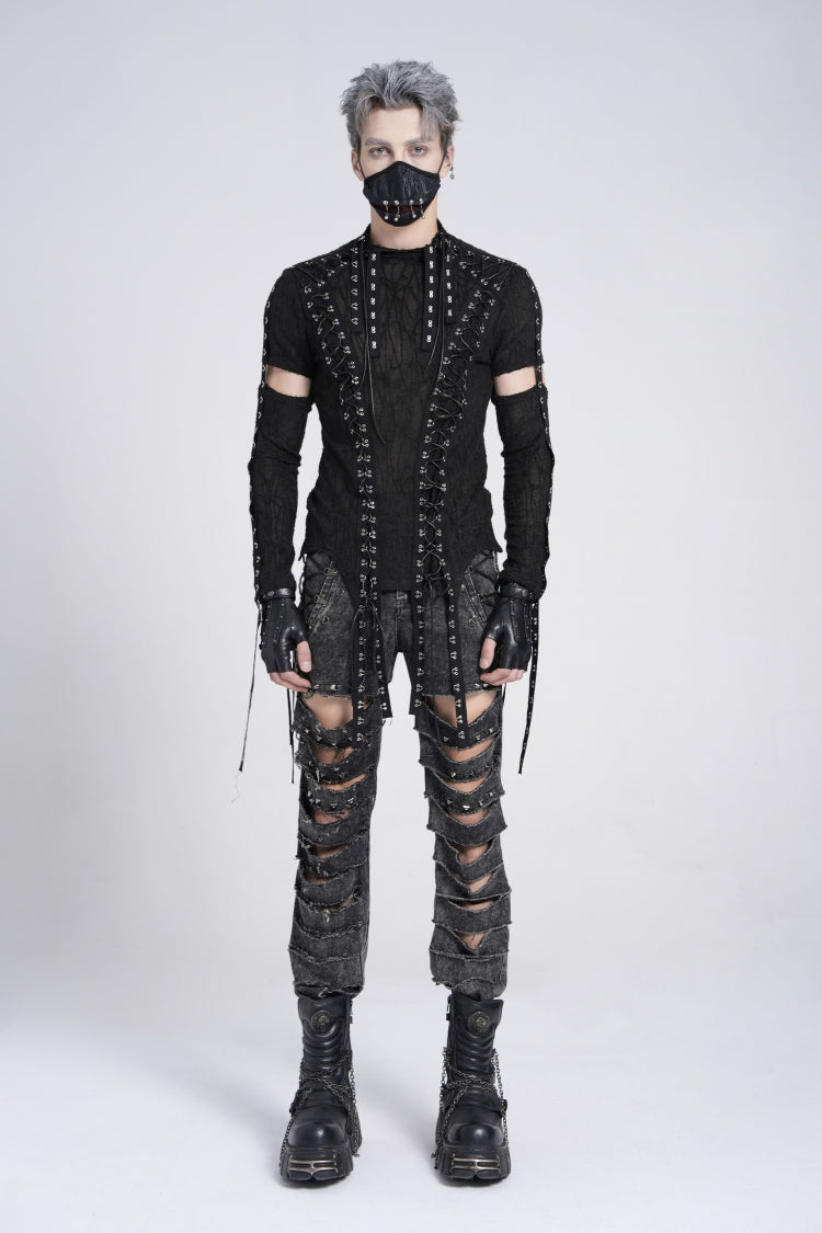 Black Long Sleeves Strap Lace-up Irregular Mesh Gothic T-shirt