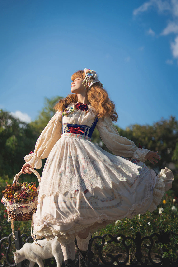Ivory [ode to Plenty] Berries and Birds Print Ruffle Bowknot Velvet Classic Lolita Breast Support Jsk Dress