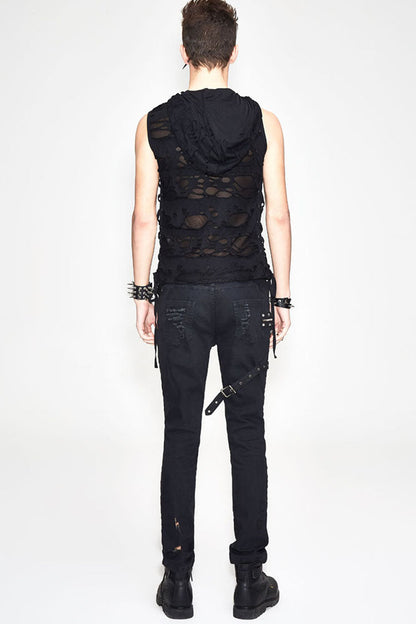 Black Sleeveless Ripped Side Ribbons Lace-up Hooded Punk T-shirt