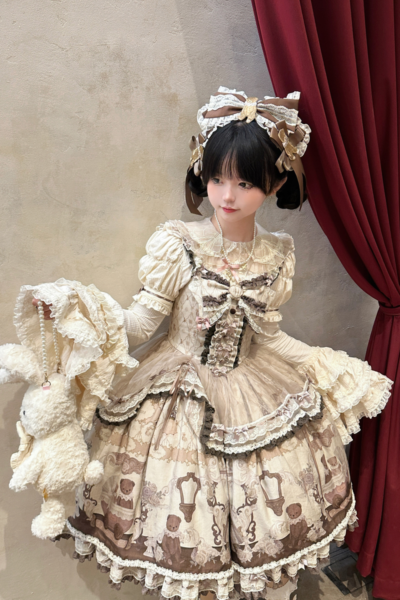 Briana Bear Print Dream Doll Lolita Dress + Jsk + Skirt + Shirt + Petticoat