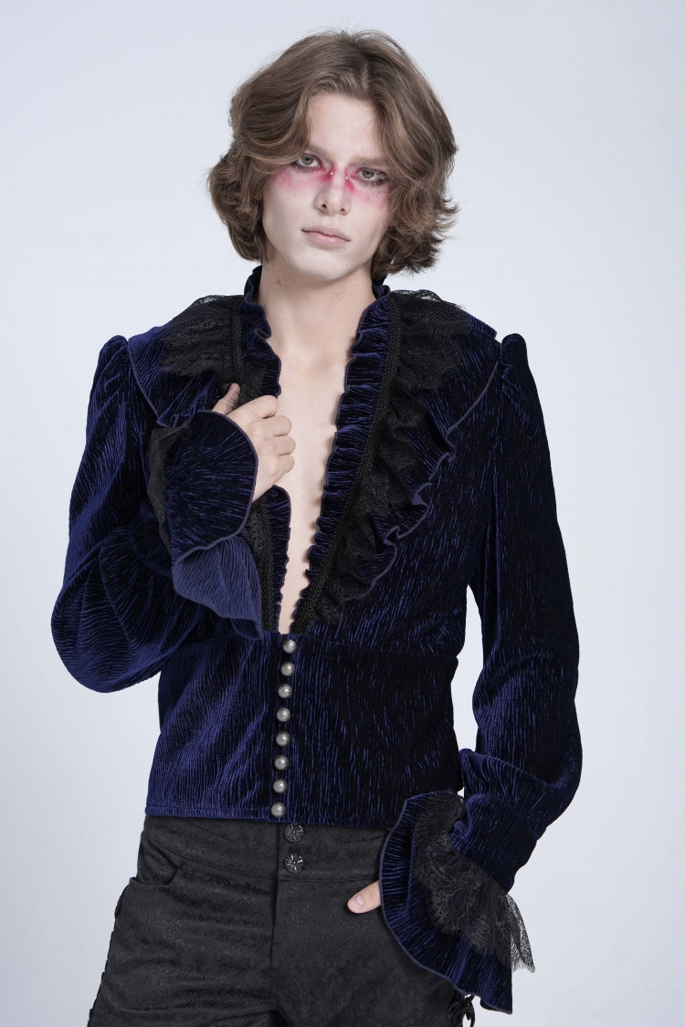 Blue V Collar Long Sleeves Ruffle Stitching Lace Gothic Blouse