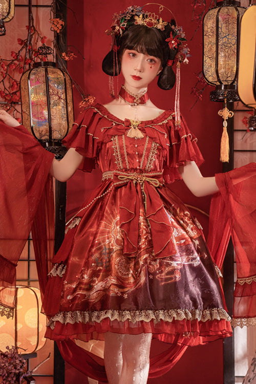 Round Collar Ruffled Short Sleeves Print High Waist Classic Lolita Dress