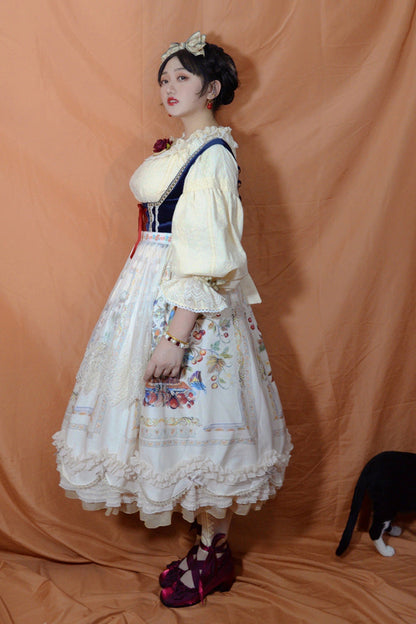 Ivory [ode to Plenty] Berries and Birds Print Ruffle Bowknot Velvet Classic Lolita Breast Support Jsk Dress