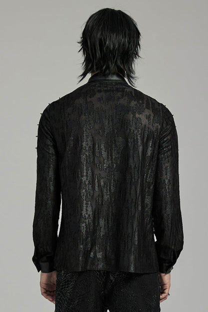 Black Lapel Collar Long Sleeves Faux Leather Stitching Punk Blouse