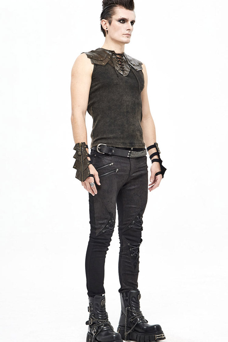 Brown Lace Up Striped Shoulder Armor Shape Chest Knitting Punk Vest