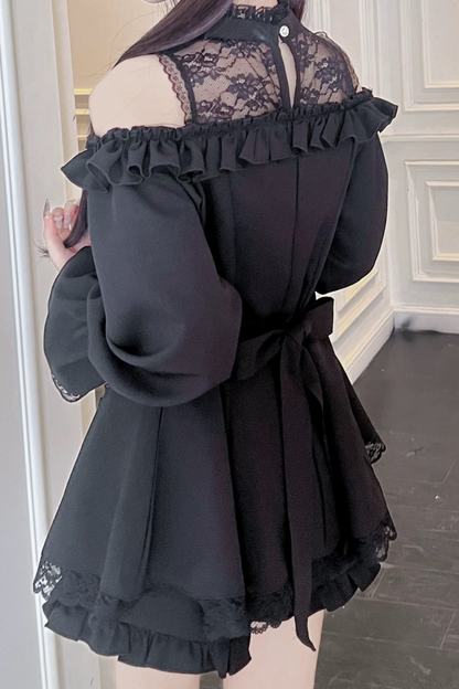 Jirai Off Shoulder Peplum Top + Ruffle Short Pants