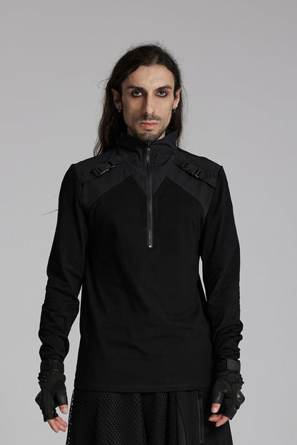 Black Stand Collar Long Sleeves Techwear Bucket-up Zip Punk T-shirt