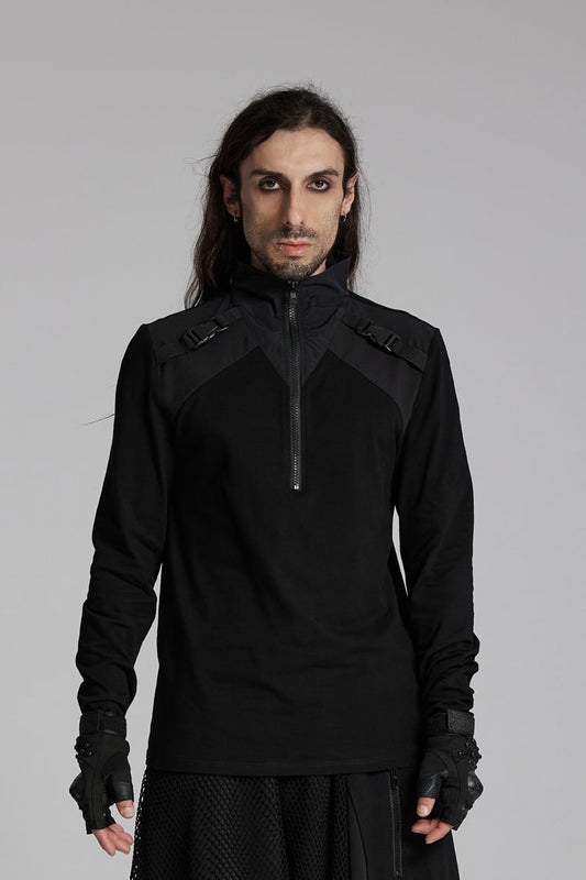 Black Stand Collar Long Sleeves Techwear Bucket-up Zip Punk T-shirt