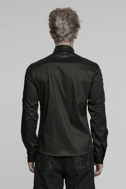 Black Lapel Collar Long Sleeves Stitching Pin Mesh Punk Blouse