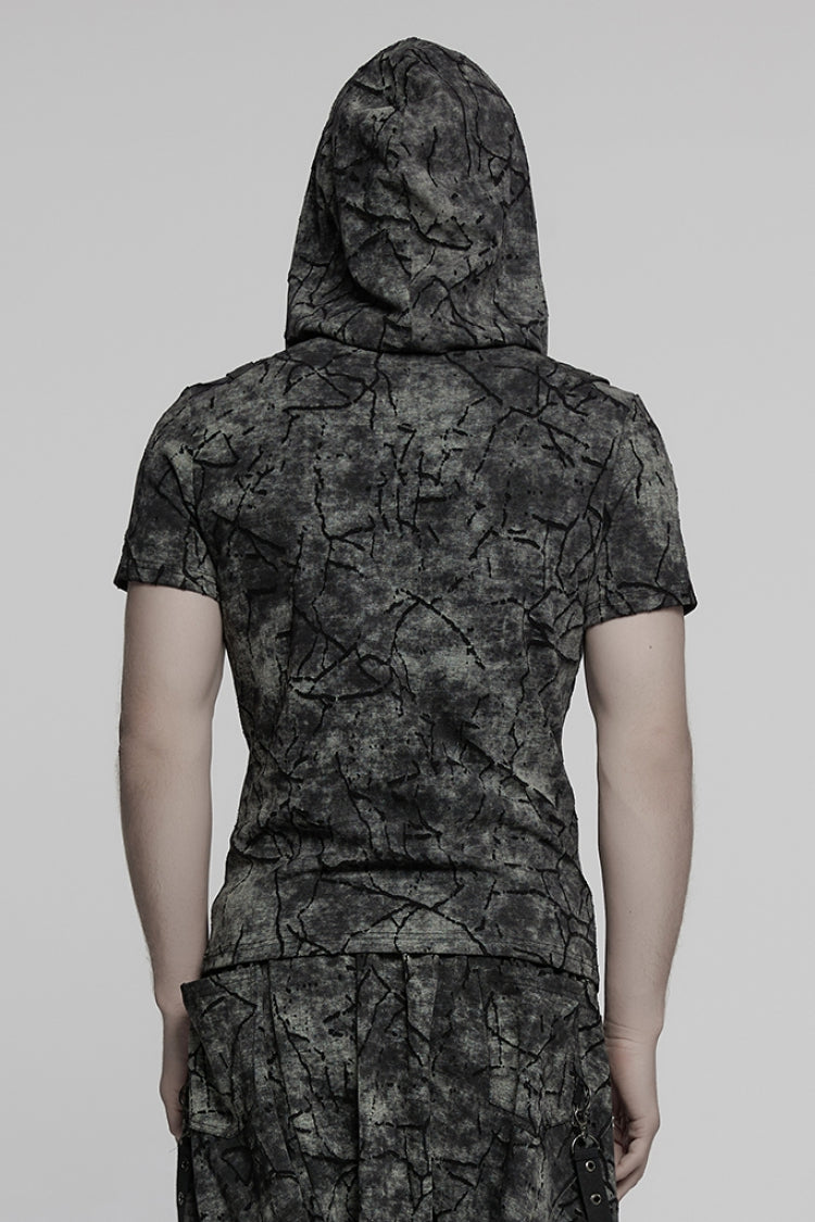 Grey Short Sleeves Big-pocket Tie-dyed Hooded Punk T-shirt