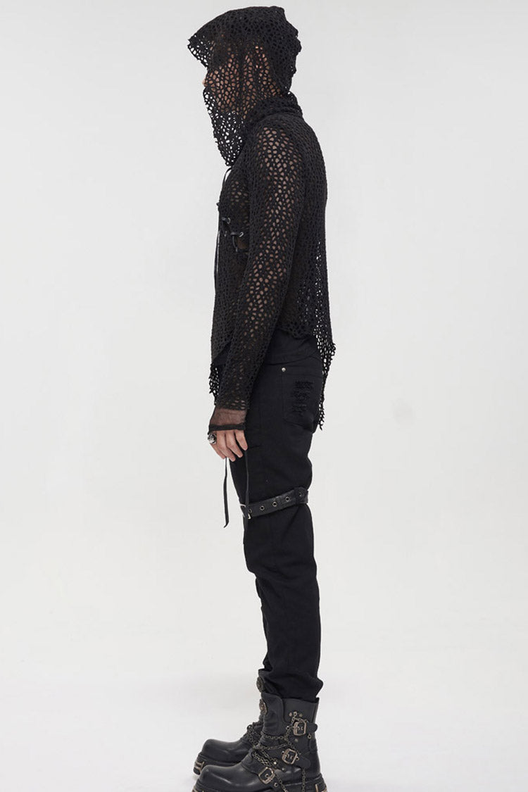Black Punk Long Sleeve Elasticity Big Hole Mesh Drawstring Design Irregular Hooded Shirt