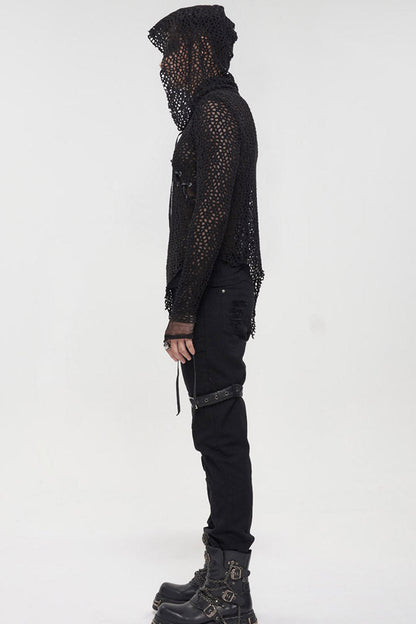 Black Punk Long Sleeve Elasticity Big Hole Mesh Drawstring Design Irregular Hooded Shirt
