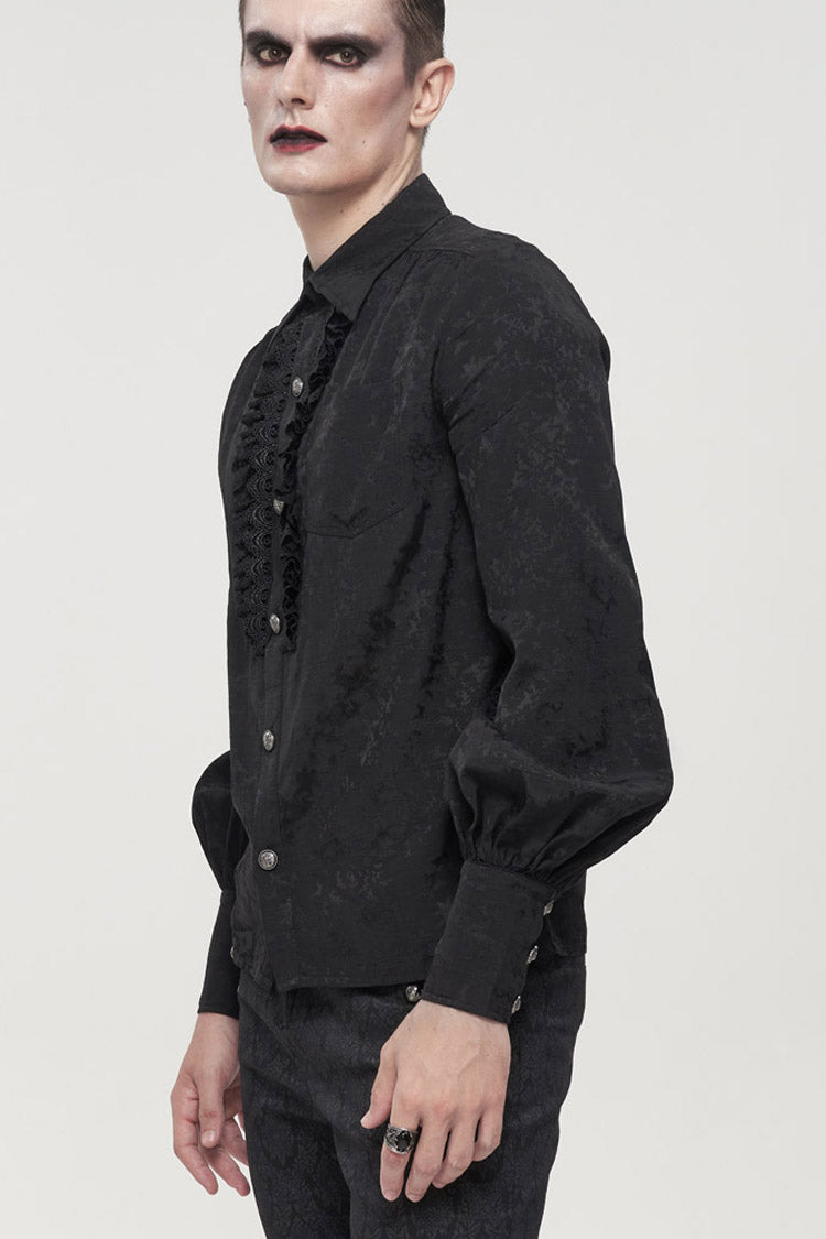 Black Gothic Metal Pattern Buckle Long Sleeve Pleated Lace Lantern Shape Printing Pattern Shirt
