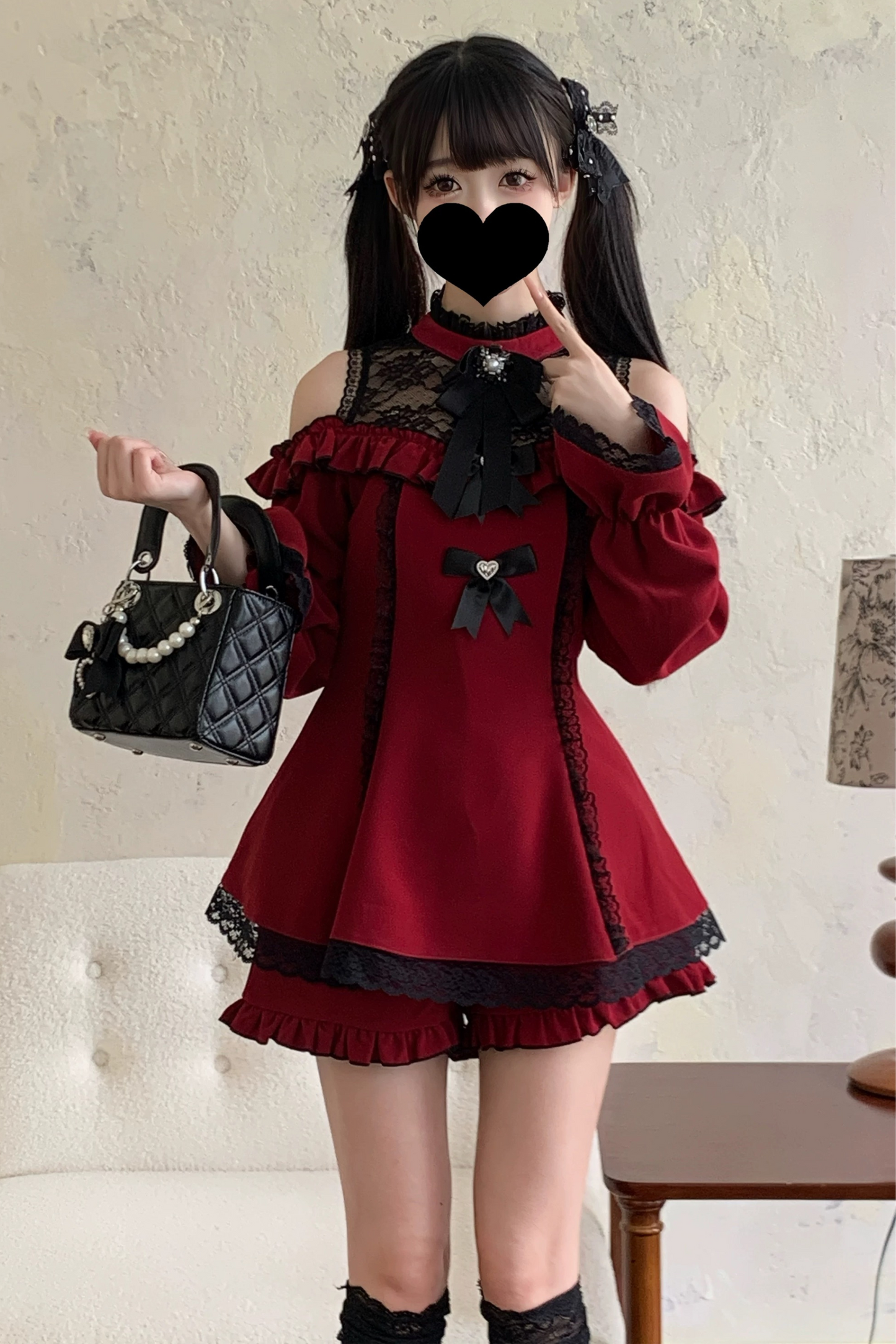 Jirai Off Shoulder Peplum Top + Ruffle Short Pants