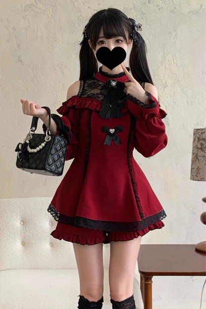 Jirai Off Shoulder Peplum Top + Ruffle Short Pants
