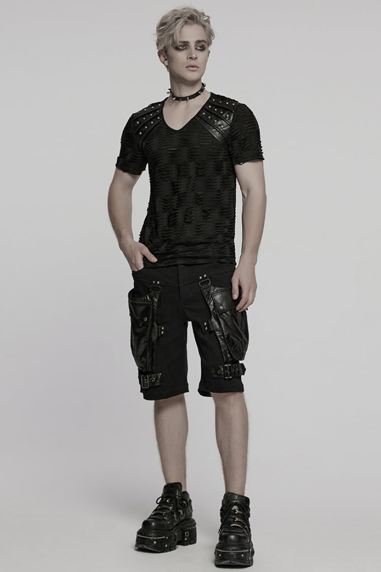 Black Short Sleeves Jacquard Faux Leather Stitching Ripped Rivet Punk T-shirt