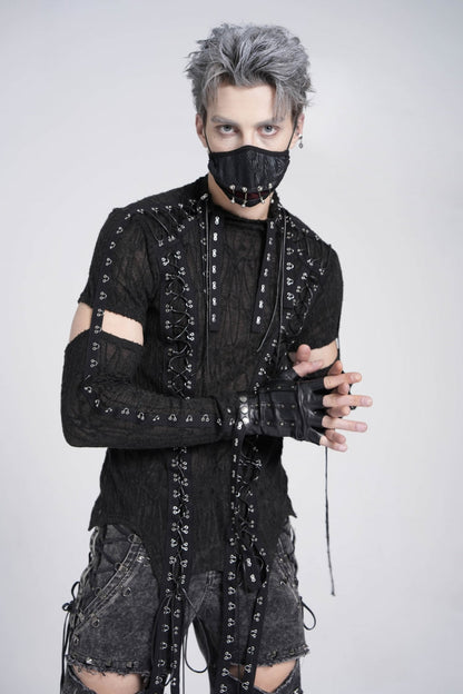 Black Long Sleeves Strap Lace-up Irregular Mesh Gothic T-shirt