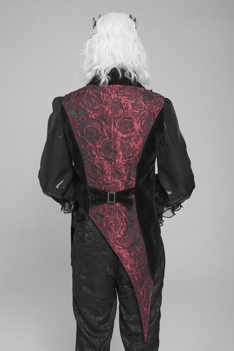 Black Long Sleeves Rose Print Irregular Contrast Color Gothic Vest With Detachable Feather Accessory
