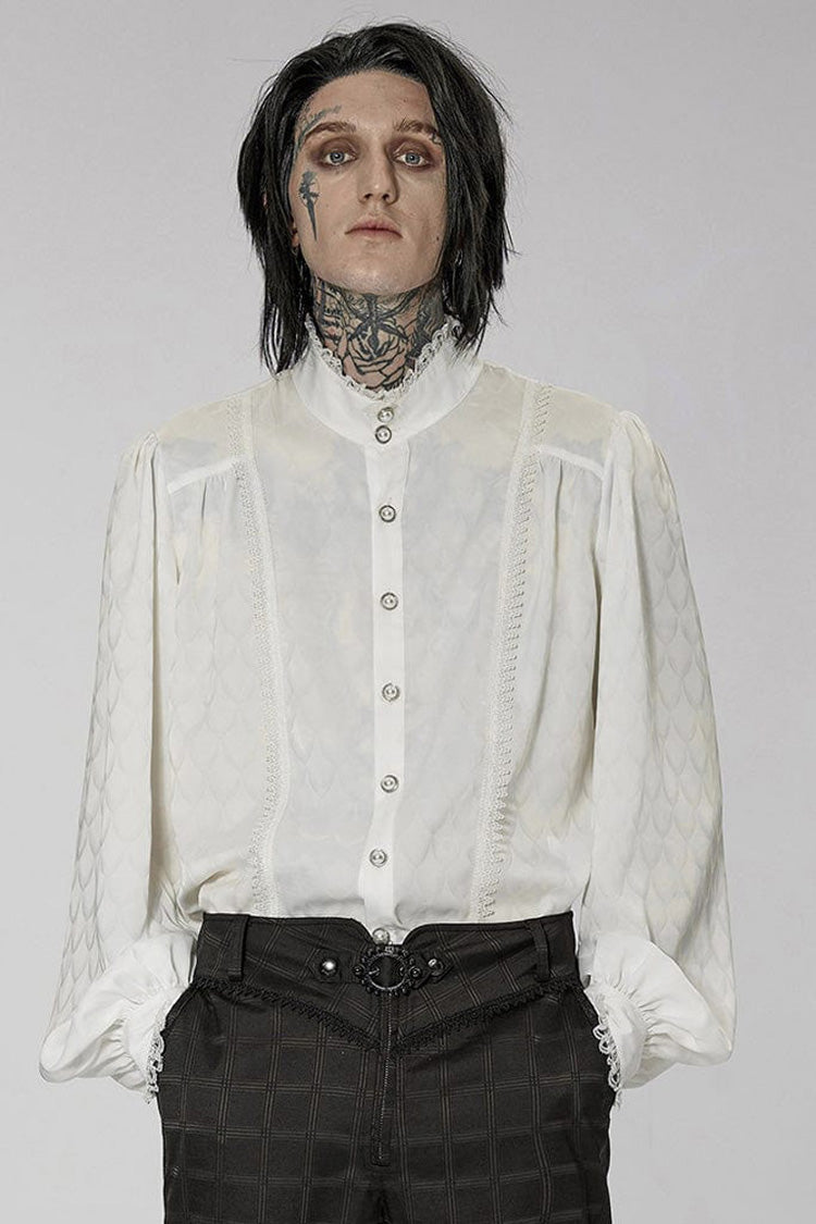 White Punk Turtleneck Dragon Scale Jacquard Long Lantern Sleeves Lace Edge Shirt