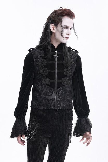 Black Stand Collar Sleeveless Crochet Zipper Gothic Vest