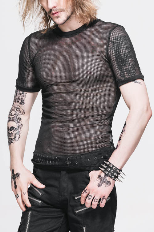 Black Diamond Shaped Mesh Round Neck Short Sleeves Punk Tops T-shirt