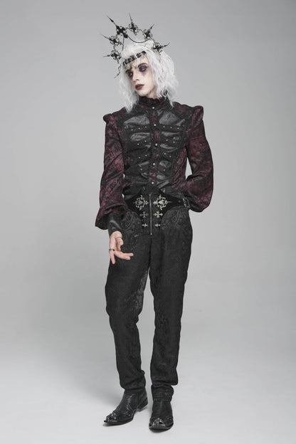 Black/red Stand Collar Long Lantern Sleeves Print Embroidery Gothic Blouse