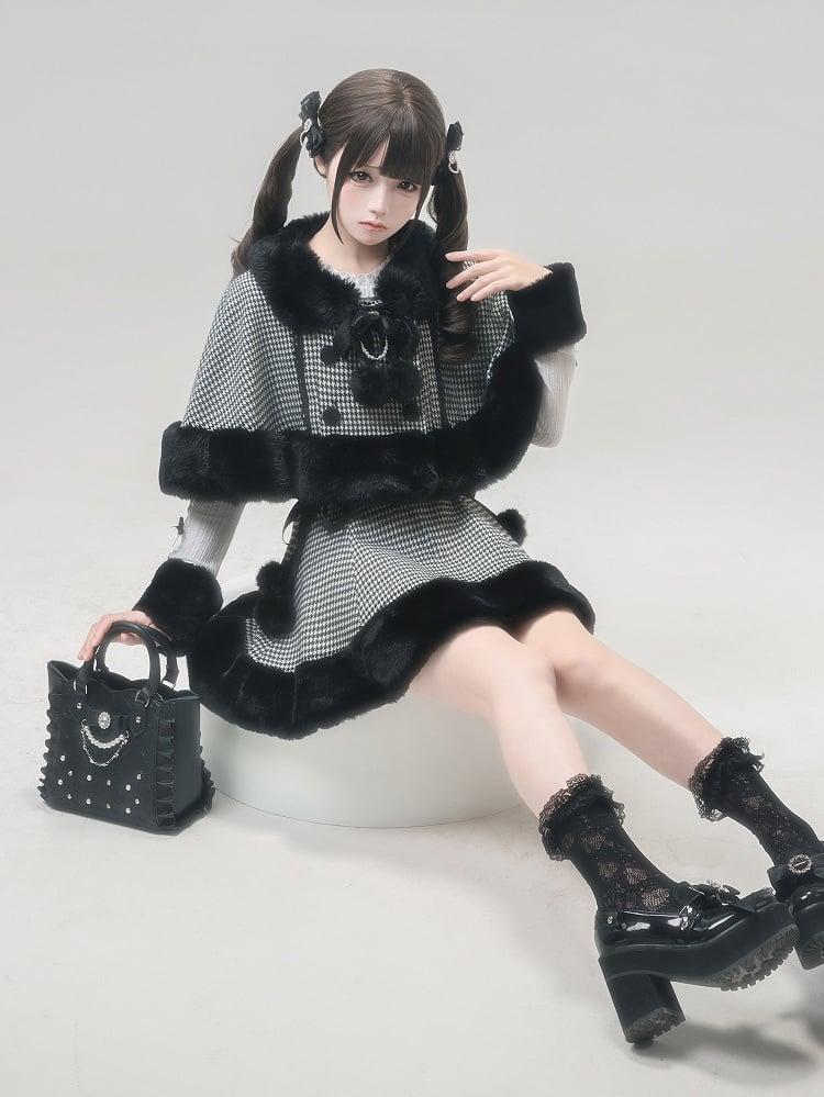 [reservation Deadline February 7th] Retro Check Black Fur Cape + Skirt + Inner Top
