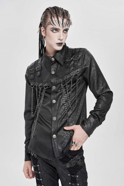 Black Lapel Collar Long Sleeves Buckled Strappy Chain-decorated Punk Shirt