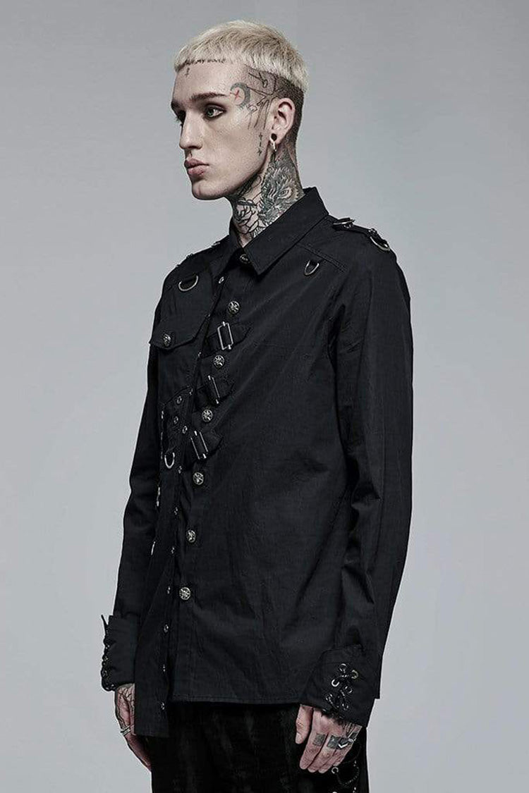 Black Punk Asymmetric Hem Personality Metal Buckle Decorative Soft Long Sleeve Shirt