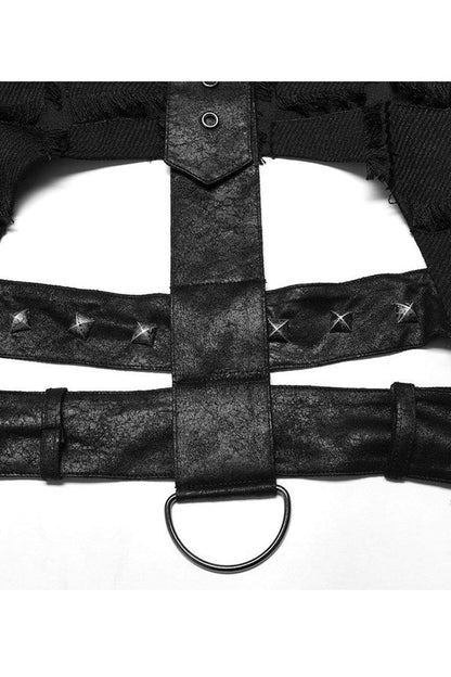 Black Gothic Asymmetrical Decadence Hairy Flu Back Cutout Design Leather Strip Metal Rivets Vest