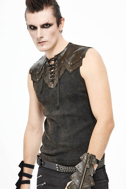 Brown Lace Up Striped Shoulder Armor Shape Chest Knitting Punk Vest