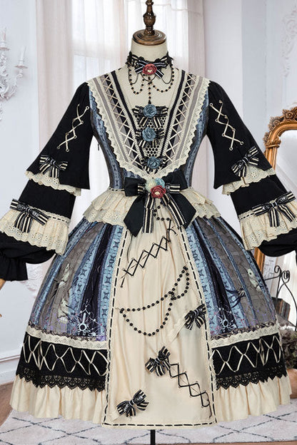 Multi-color Finches in the Mirror Print Cardigan Long Sleeves Princess Ruffled Classic Lolita Op Dress