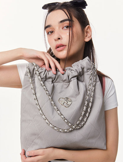 Cool Metal Diamond Quilted Leather Chain Tote Bag