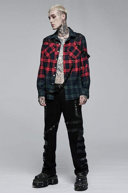 Red/green Punk Plaid Simple Leather Loops Cotton Asticity Shirt