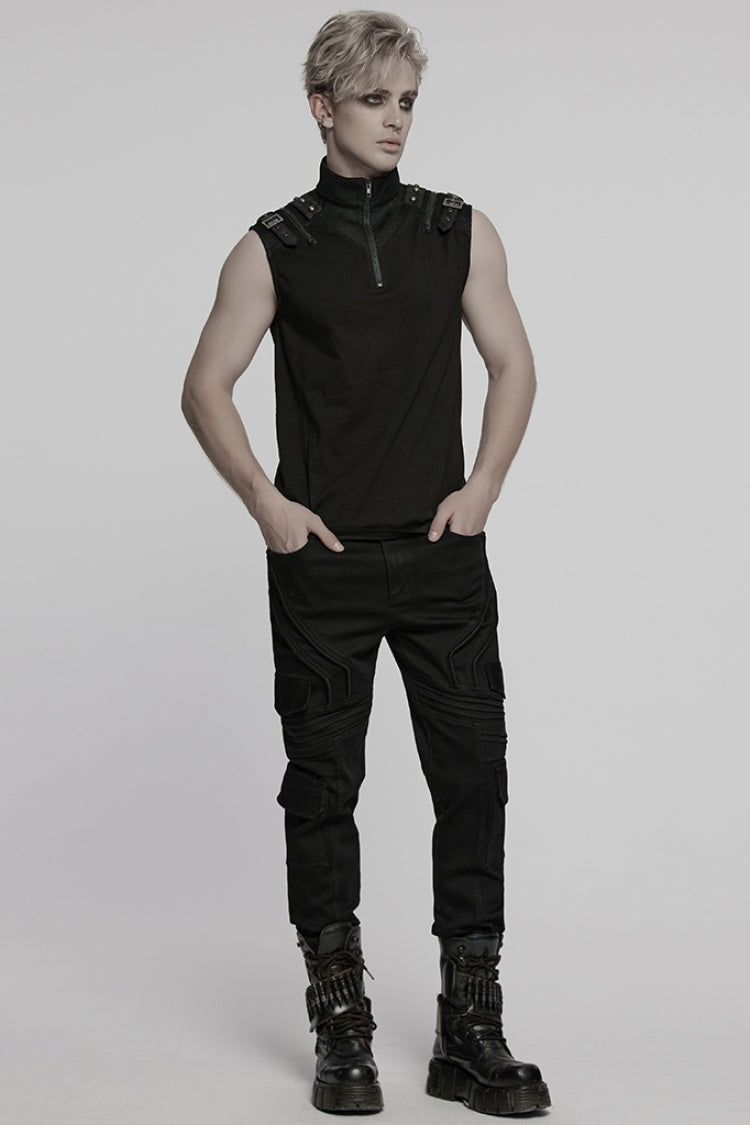 Black Stand Collar Sleeveless Stitching Mesh Zipper Punk Vest