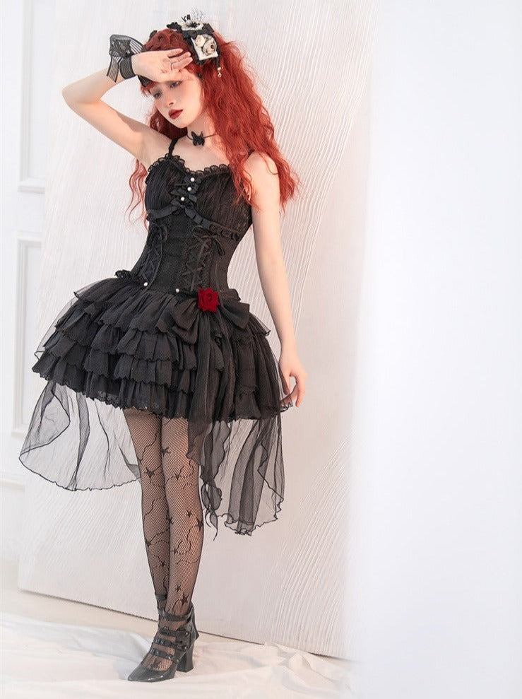 Rose Ribbon Tulle Lace Up Tiered Cami Dress