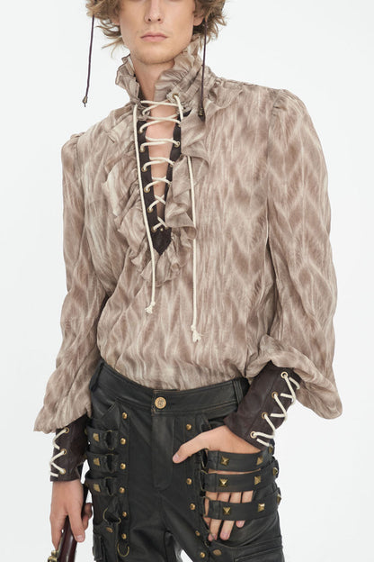 Brown Ruffle Stand Collar Print Lace-up Gothic Blouse