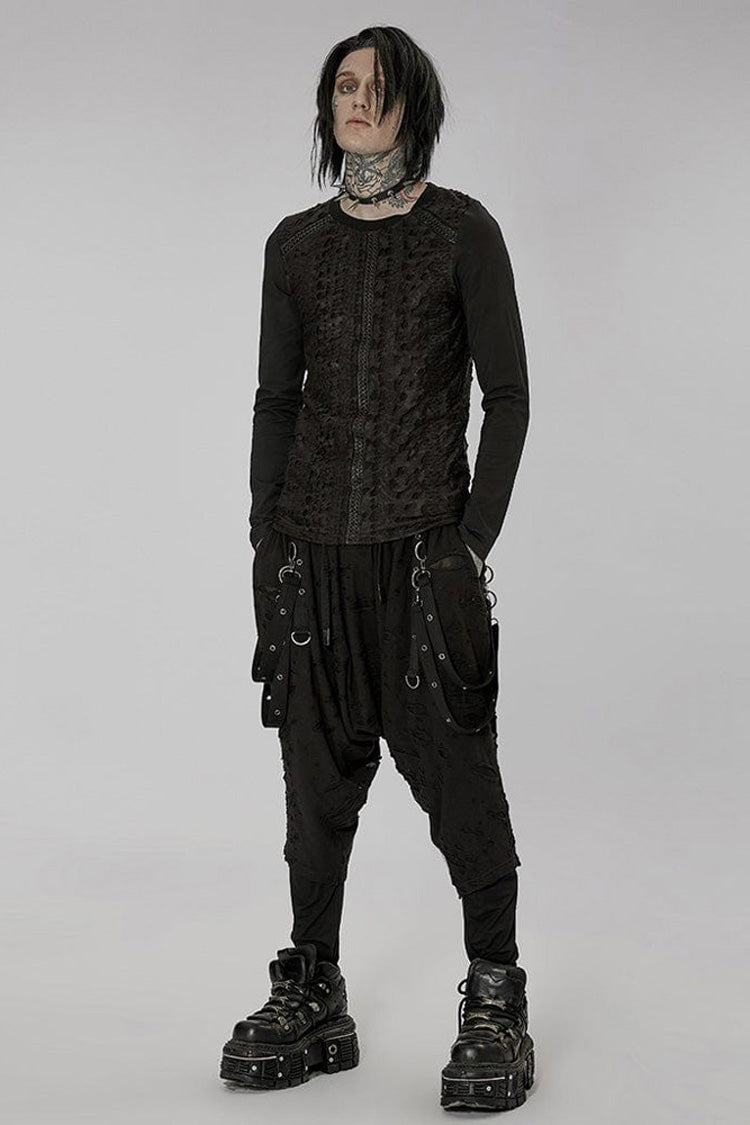 Black Punk Knitted Print Splicing Concave and Convex Webbing Decoration Long Sleeve T-shirt