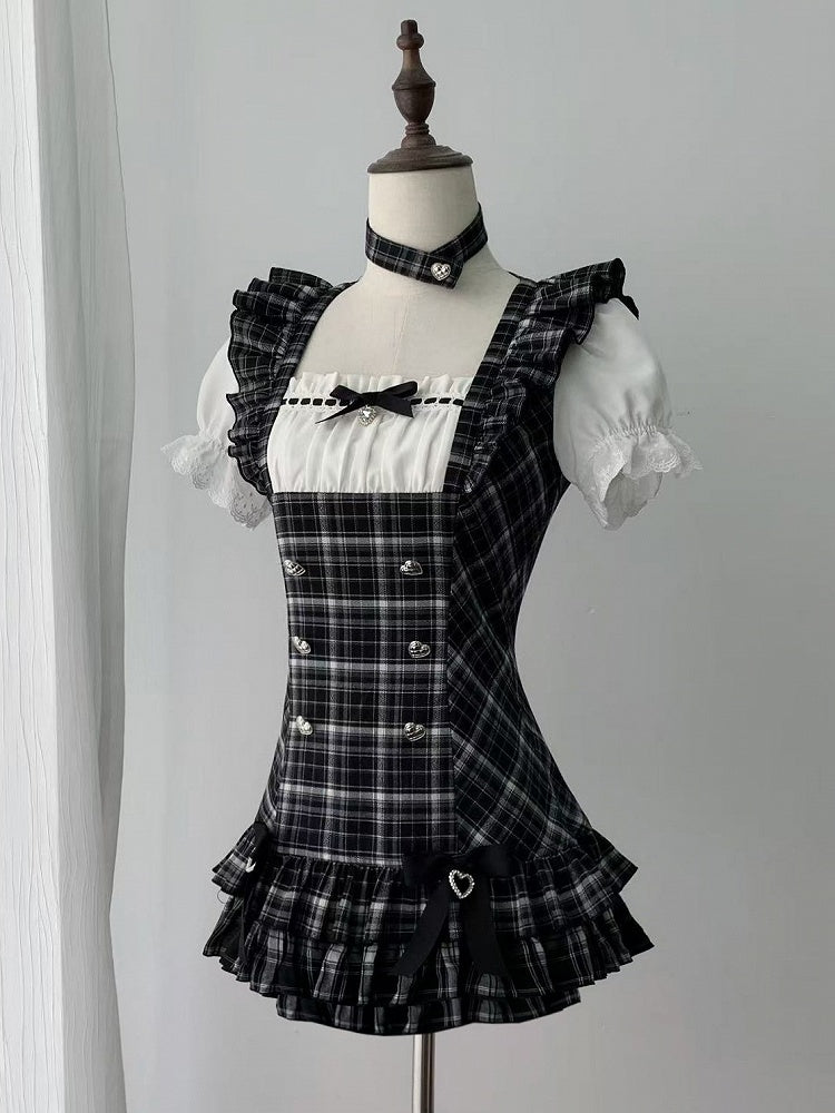 [pre-order Deadline: April 29] Black Check Ruffle Ribbon Puff Sleeve Mini Dress Set + Choker
