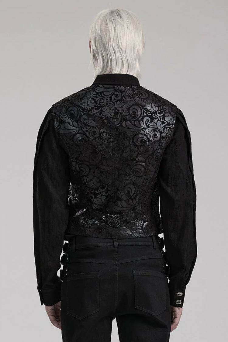 Black V Collar Sleeveless Exquisitely Carved Print Faux Leather Gothic Vest