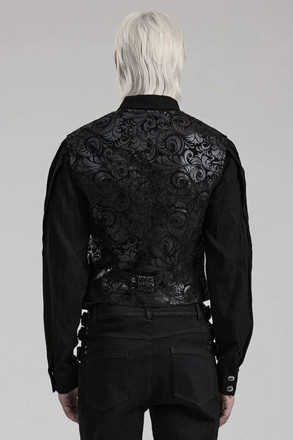 Black V Collar Sleeveless Exquisitely Carved Print Faux Leather Gothic Vest