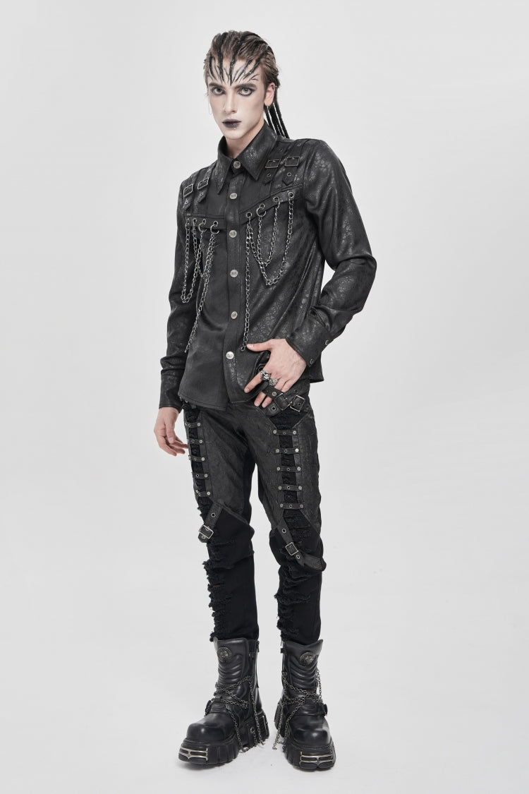 Black Lapel Collar Long Sleeves Buckled Strappy Chain-decorated Punk Shirt