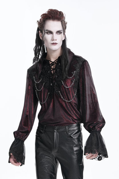 Wine Red V Collar Long Sleeves Lace-up Chain Gothic Blouse