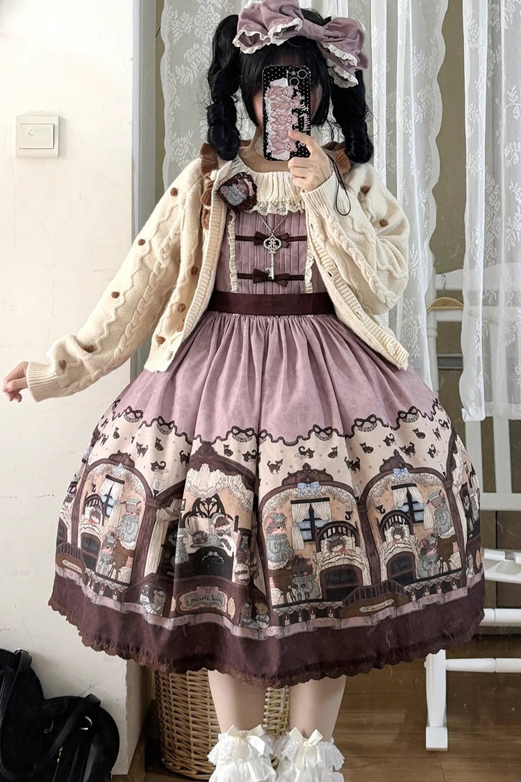 Pink/purple Short Sleeves Bear Print Bowknot Classic Lolita Dress