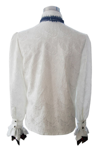White Shining Rose Print Lace Cuff Gothic Blouse