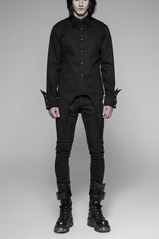 Black Long Sleeve Front Metal Pattern Buckle Sharp Corner Hem Gothic Shirt