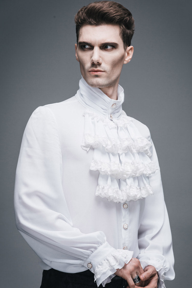 White Ruffled Lace Button-up Micro-bullet Chiffon Long Sleeve Gothic Shirt
