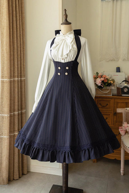 [south of the Forest] Halterneck Stripe Print Ruffle Classic Lolita Jsk Dress 4 Colors